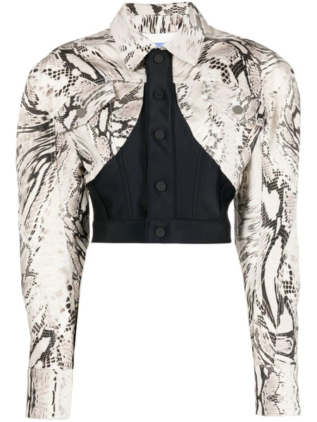  Mugler Snake Cropped Panelled Denim Jacket - Neutrals 
