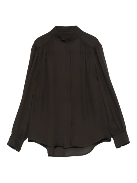  Nili Lotan Revi Buttoned Collarless Top - Brown 