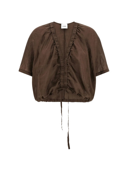  Nude V-neck Drawstring Blouse - Brown 