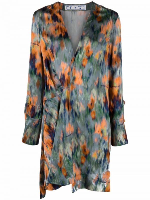  Off-white Abstract-print Draped Dress - Orange 