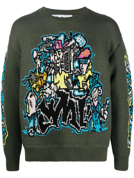  Off-white Intarsia-knit Long-sleeve Jumper - Green 