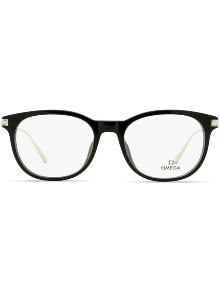  Omega Eyewear Round-frame Engraved-logo Glasses - Black 