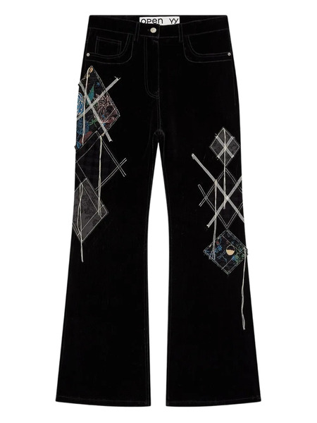  Open Yy Argyle-patched Bootcut Trousers - Black 