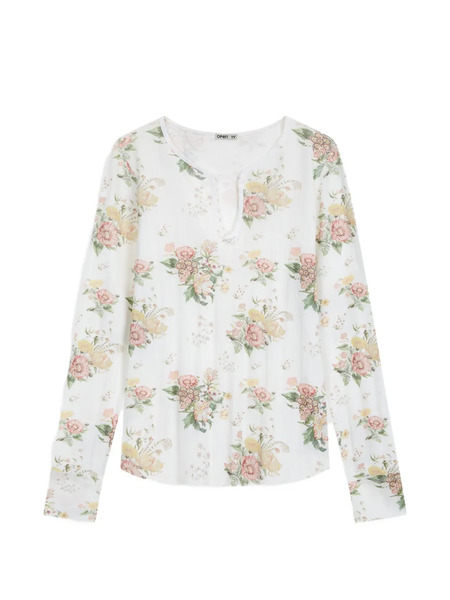  Open Yy Floral Henley Top - White 
