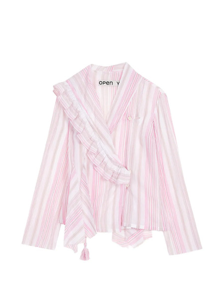  Open Yy Ruffled Stripe Blouse - White 