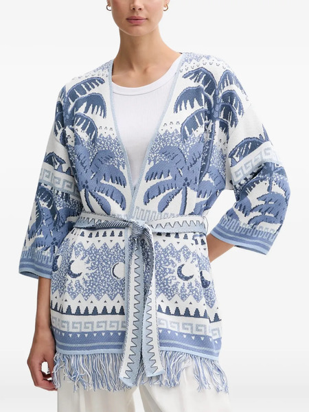  Oui Fringed Palm-print Cardigan - White 