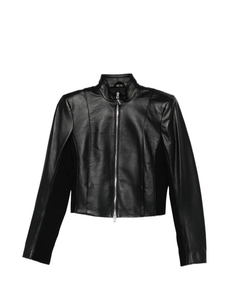  Patrizia Pepe Knitted Inserts Leather Biker Jacket - Black 