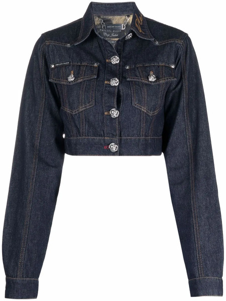  Philipp Plein Chains Cropped Denim Jacket - Blue 