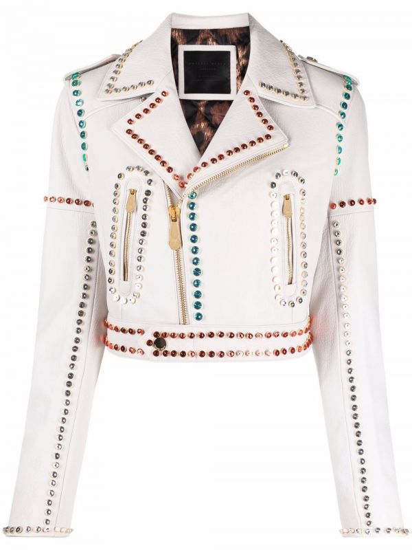  Philipp Plein Crystal-trim Studded Cropped Biker Jacket - White 