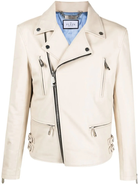  Philipp Plein Gothic Plein Leather Biker Jacket - Neutrals 