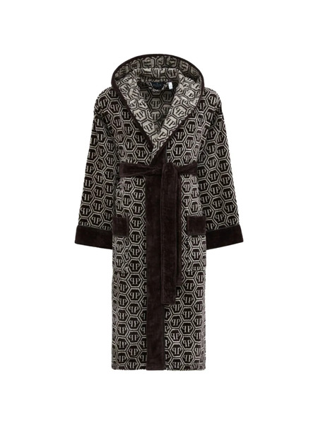  Philipp Plein Hooded Geometric-pattern Bath Robe - Brown 