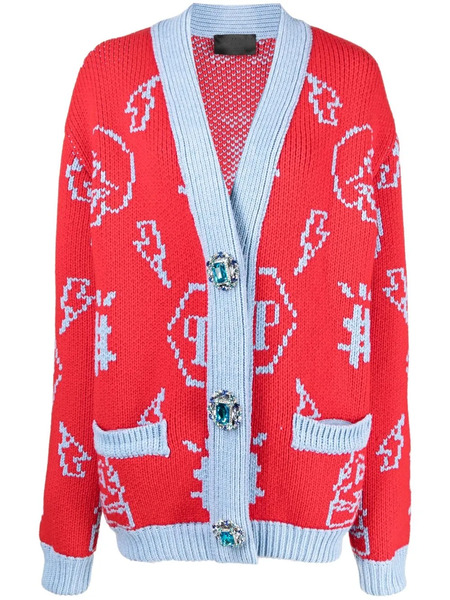  Philipp Plein Jacquard Logo Cardigan - Red 