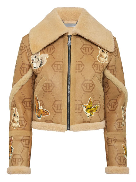  Philipp Plein Monogram Embroidered Shearling Jacket - Neutrals 