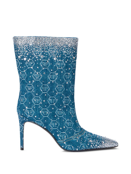  Philipp Plein Monogram Rhinestone Denim Boots - Blue 