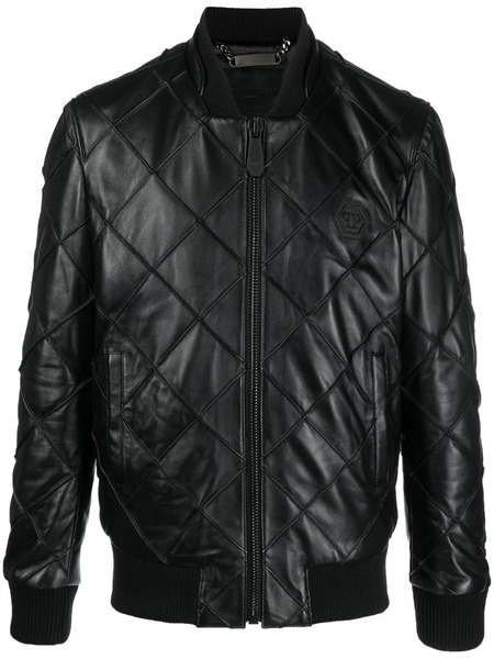  Philipp Plein Quilted Leather Bomber Jacket - Black 