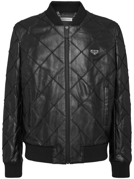  Philipp Plein Quilted Leather Bomber Jacket - Black 