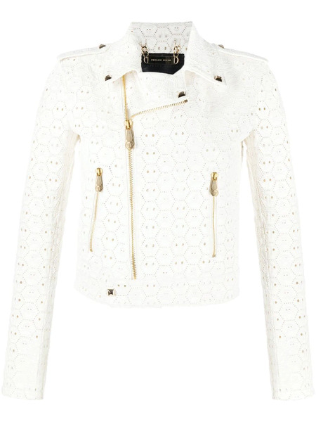  Philipp Plein Sangallo Leather Biker Jacket - White 