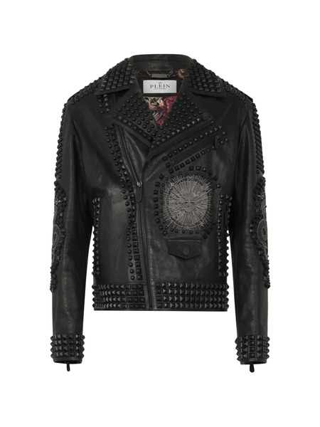  Philipp Plein Studs Embroidered Leather Biker Jacket - Black 