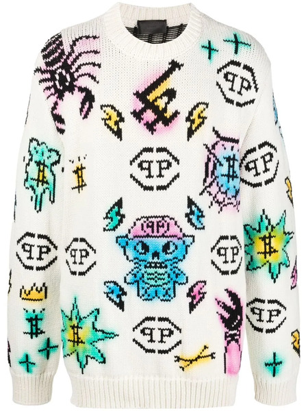  Philipp Plein Tattoo Monogram Knitted Jumper - White 