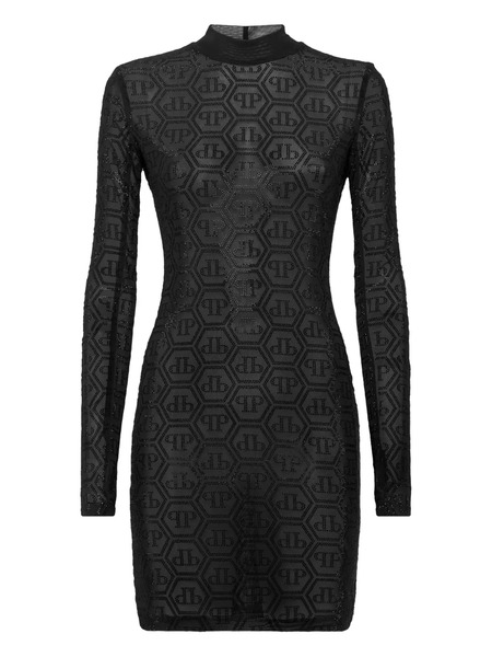  Philipp Plein Tulle Monogram Strass Mini Dress - Black 