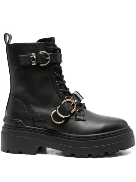  Pinko Leather Combat Boots - Black 