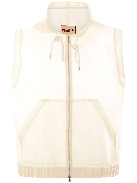  Plan C Drawstring-hood Zip-up Vest - White 