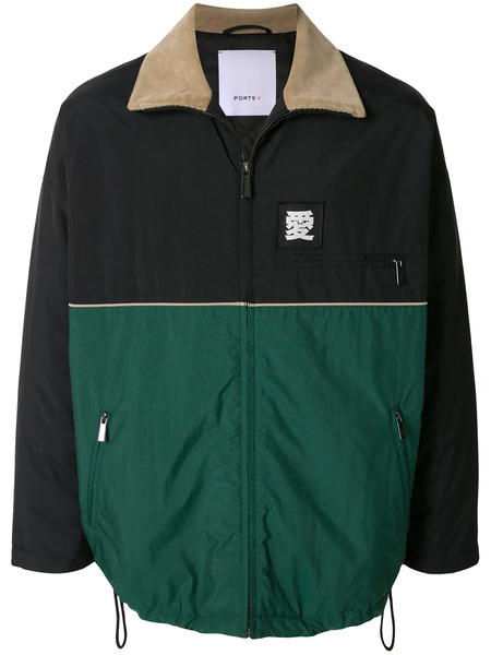  Ports V Contrast Panel Drawstring Jacket - Black 