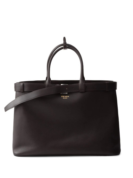  Prada Buckle Leather Tote Bag - Brown 