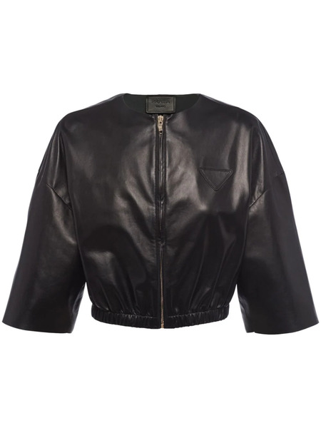  Prada Cropped Leather Bomber Jacket - Black 