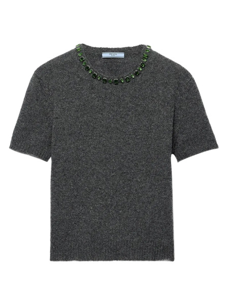  Prada Crystal-embellished Short-sleeve Sweater - Grey 