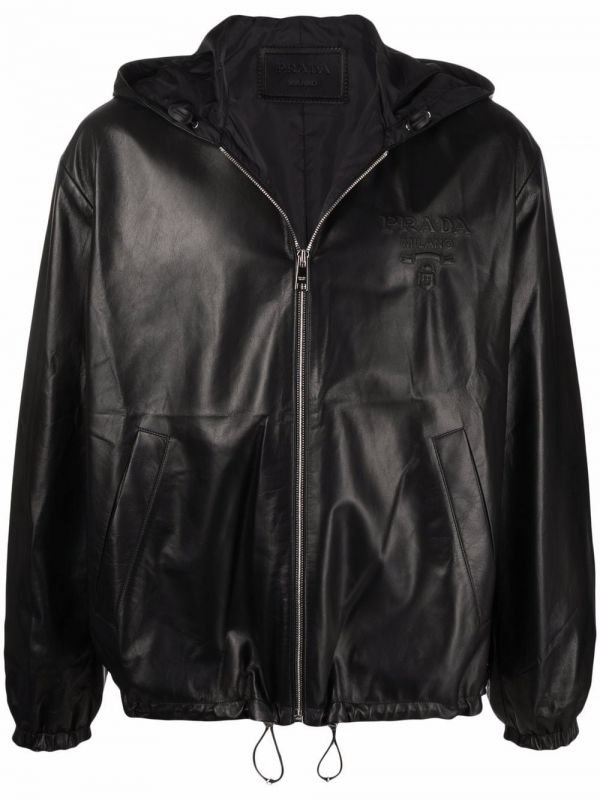  Prada Debossed-logo Hooded Leather Jacket - Black 