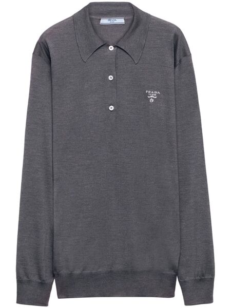  Prada Embroidered-logo Silk Polo Shirt - Grey 