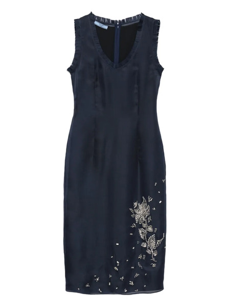  Prada Embroidered Silk Midi Dress - Blue 