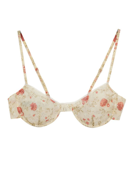  Prada Floral-print Lace-trim Bra - Neutrals 