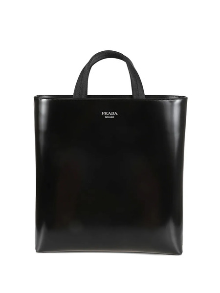  Prada Handle Leather Tote Bag - Black 