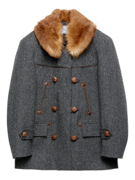  Prada Herringbone Shearling-collar Coat - Grey 