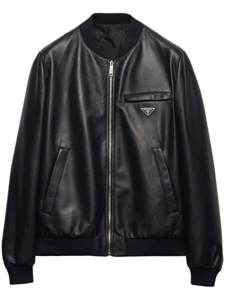  Prada Leather Bomber Jacket - Black 