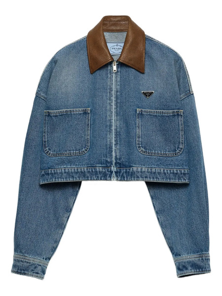  Prada Leather-collar Cropped Jacket - Blue 