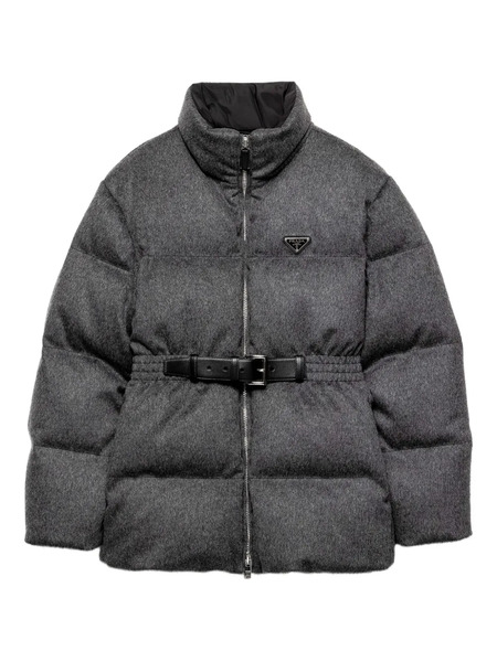  Prada Loden Triangle-logo Belted Puffer Jacket - Grey 