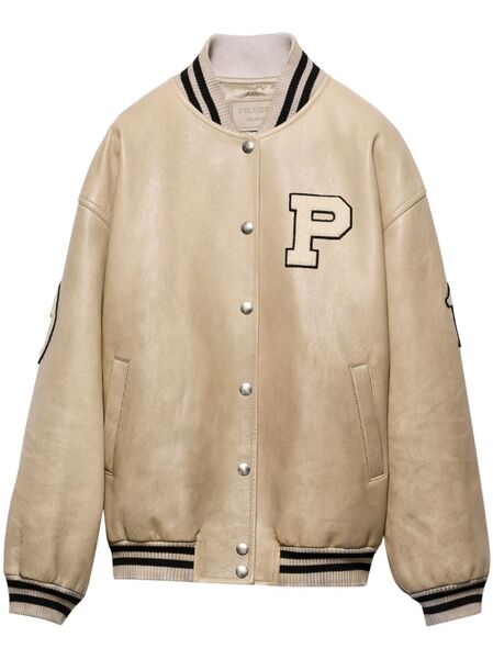  Prada Logo-appliqué Leather Bomber Jacket - Neutrals 