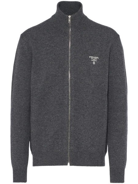  Prada Logo-embroidered Zip-up Cardigan - Grey 