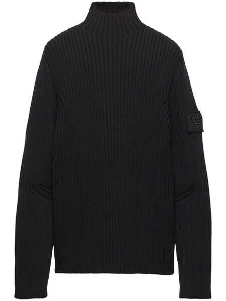  Prada Logo-patch Ribbed Knit Wool Sweater - Black 