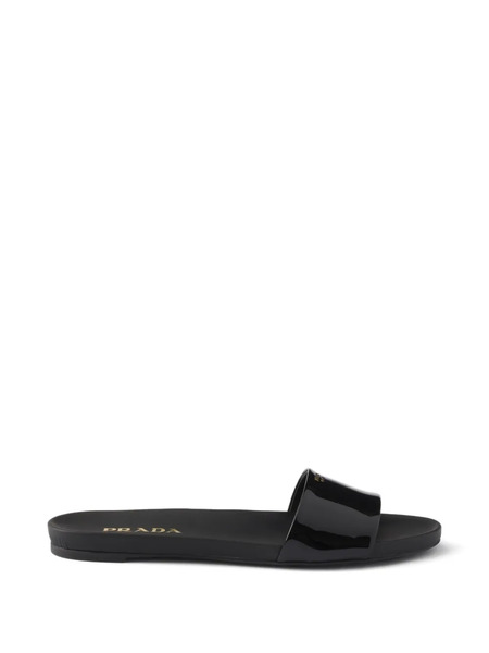  Prada Logo Patent Leather Slides - Black 