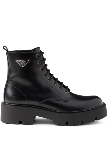  Prada Logo Plaque Leather Combat Boots - Black 