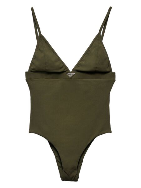  Prada Logo-triangle Fine-ribbed Swimsuit - Green 
