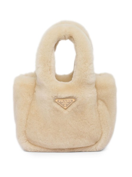  Prada Mini Triangle-logo Shearling Tote Bag - Neutrals 