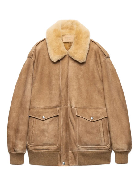  Prada Shearling-collar Patch-pocket Jacket - Brown 