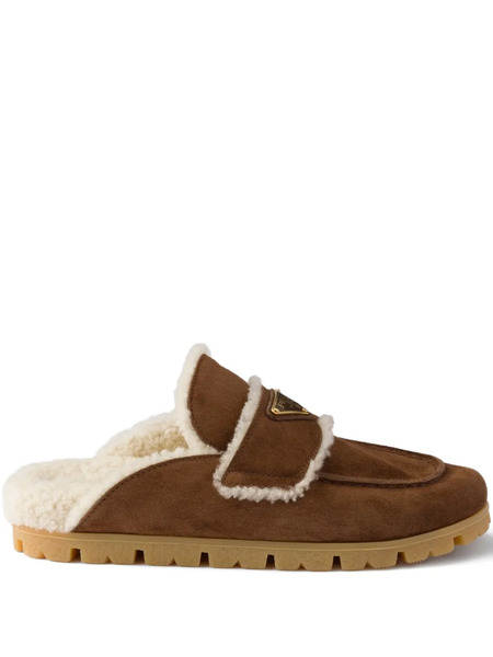  Prada Shearling Logo-plaque Mules - Brown 