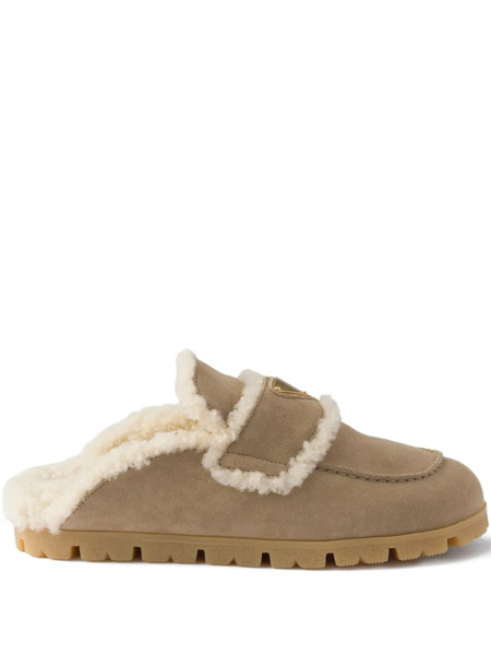  Prada Shearling Logo-plaque Mules - Neutrals 