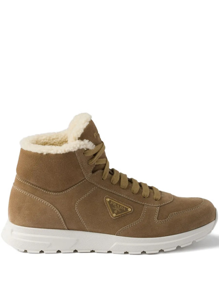  Prada Shearling Triangle-logo High-top Sneakers - Brown 